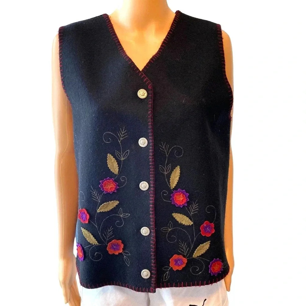 Vintage Lemon Grass Wool Nylon Blend Floral Embroidery Vest Women Size M